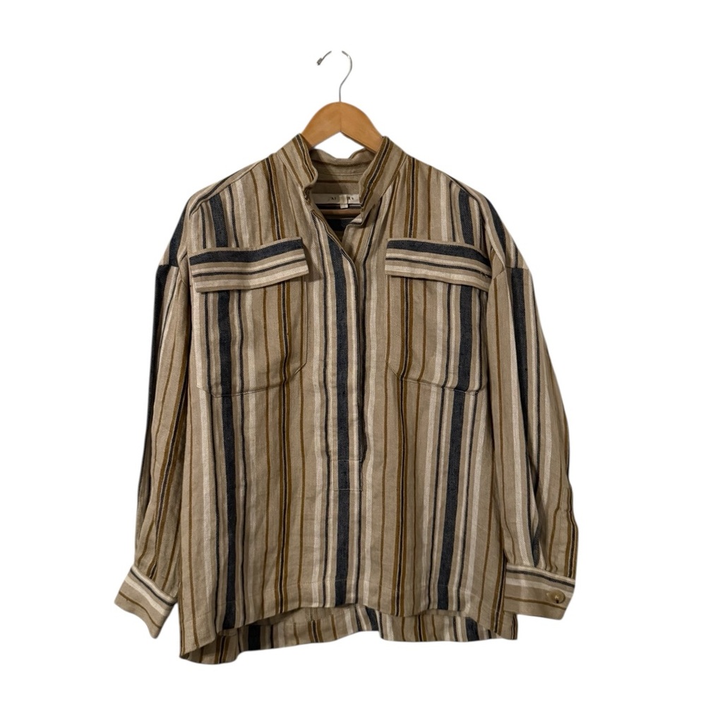 Af Agger Striped Long Sleeve Linen Button Down Pocket Top Tunic — image 2 of 8